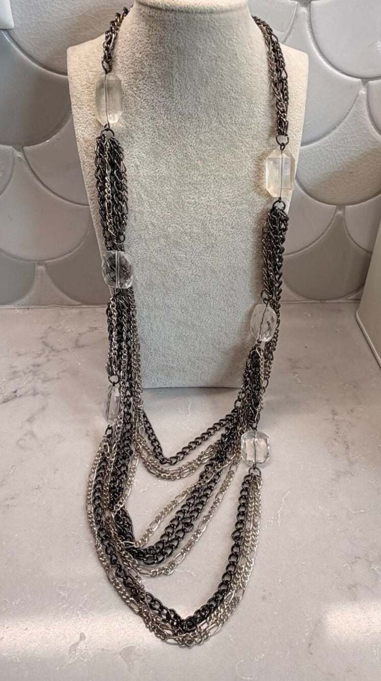 Chico's Multi Chain and Crystal Bead Long Statement Necklace